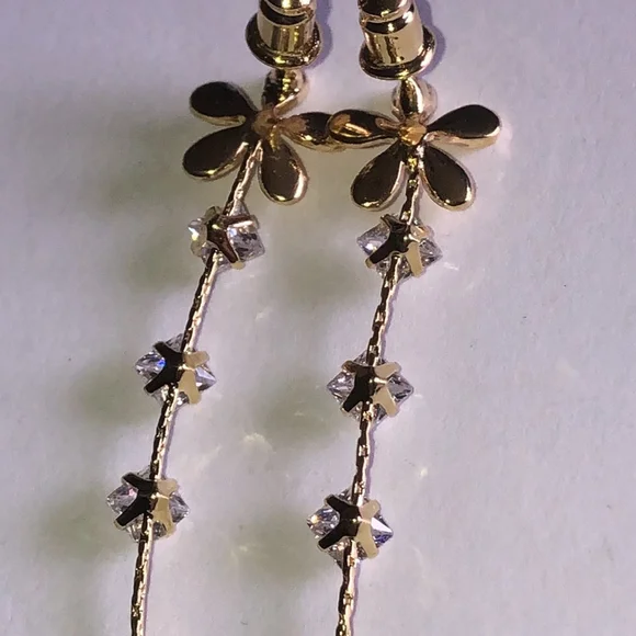 Gold Tone CZ Rhinestone Flower Dangling Pierced Earrings - Picture 6 of 6